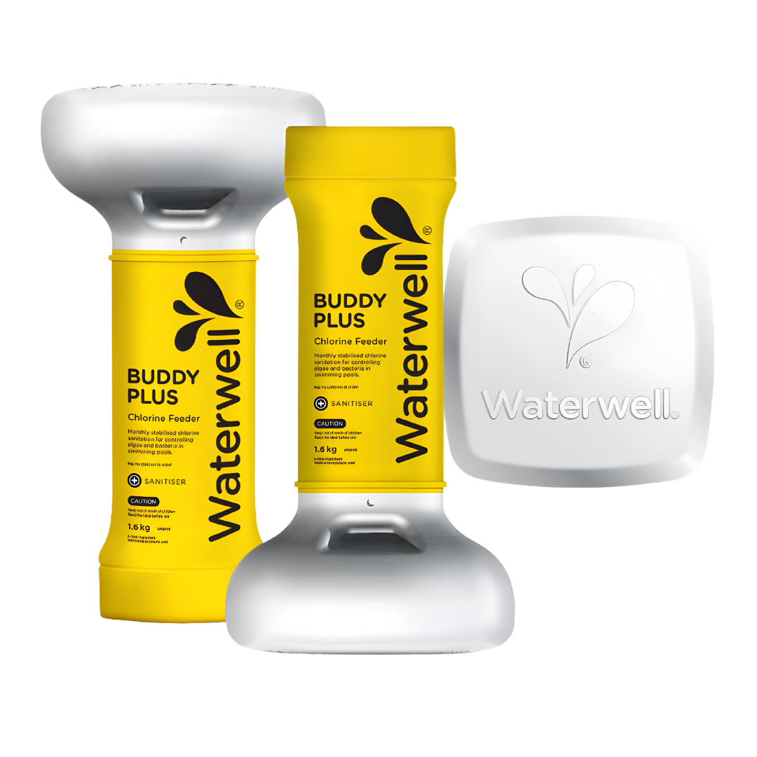 WaterWell Buddy Plus refillable pool chlorine floater shown upright and upside down